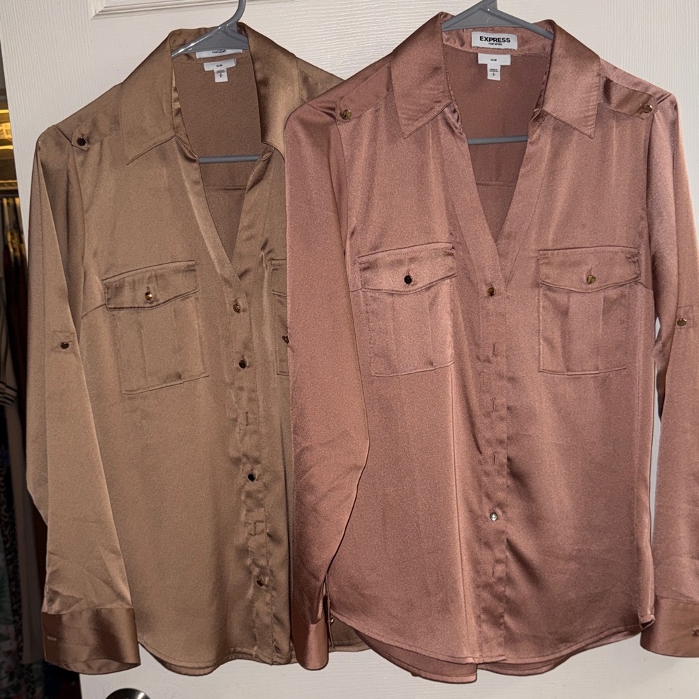 Express Women’s Satin Button-Up Shirt - Rose & Brown